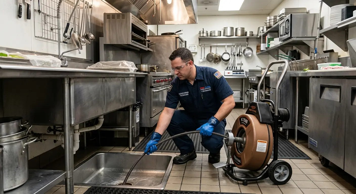 Commercial drain cleaning service in a restaurant kitchen in Rochester
