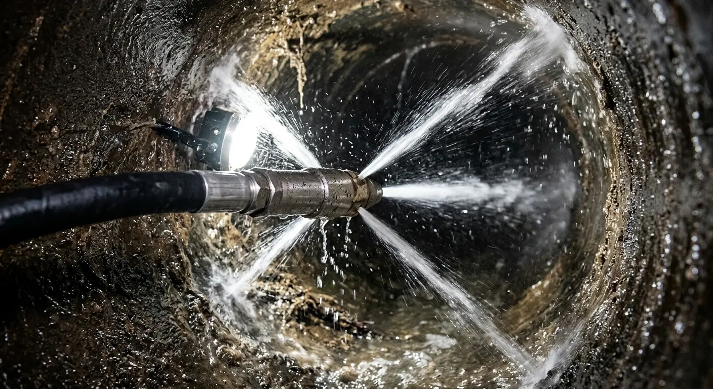 High-pressure hydro jetting nozzle cleaning sewer pipe for Sewer Line Relining in Rochester