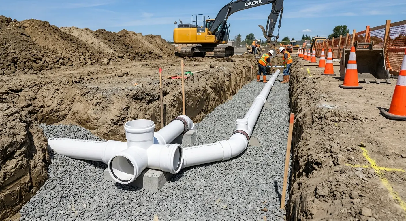 New PVC sewer pipe installation in open trench for Commercial Drain Cleaning in Rochester