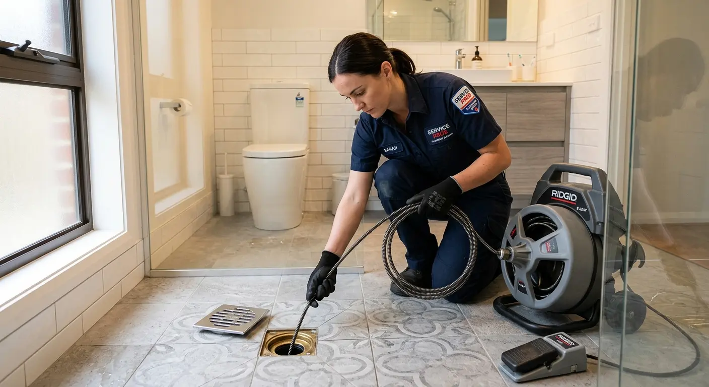 Technician clearing a bathroom floor drain for Sewer Line Installation in Rochester